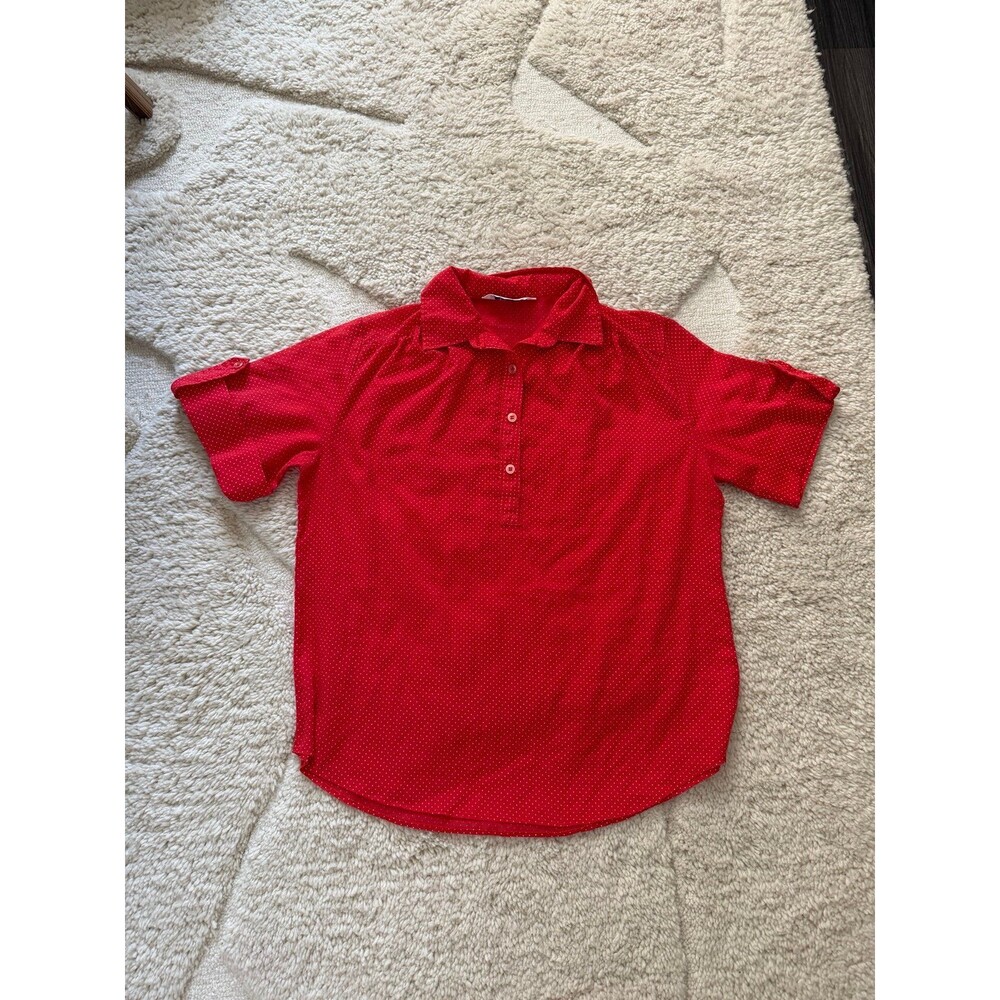 Vintage 70s Miss Fashionality Polka Dot Blouse Red White USA Made